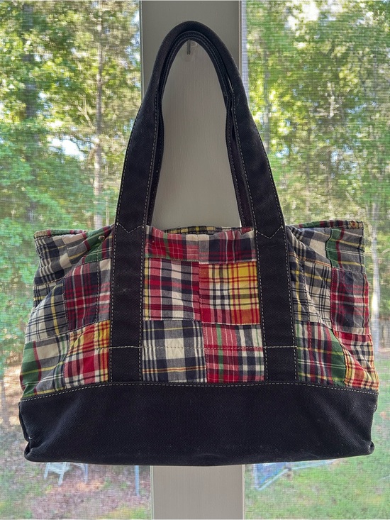 J. Crew Handbags - J.Crew 2007 Patchwork Madras Plaid Tote Bag Leather Logo Preppy Coastal